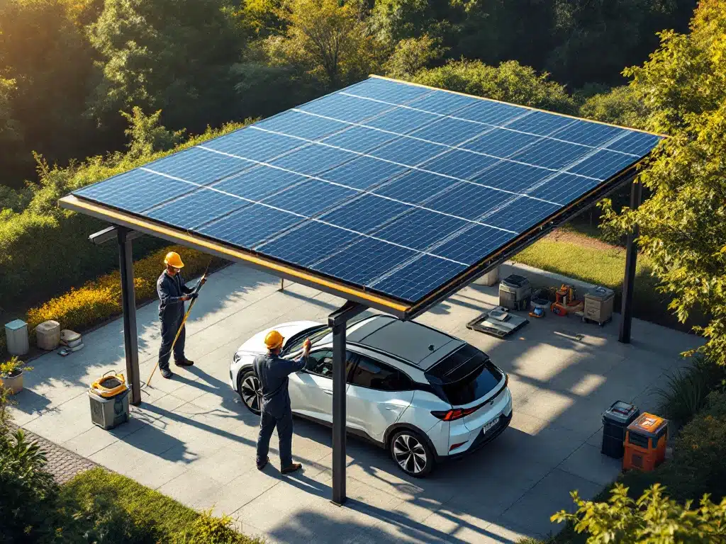 Onderhoudsmedewerker reinigt zonnepanelen op moderne carport met elektrische auto eronder geparkeerd