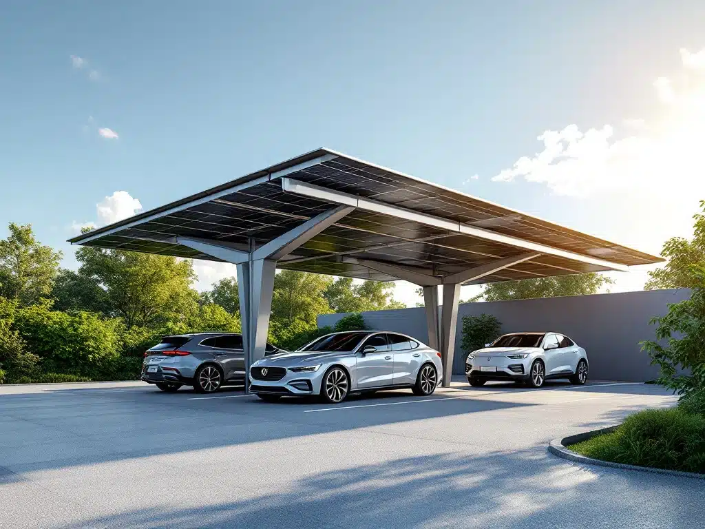 Moderne zonnepanelen carport over geparkeerde auto's met stalen constructie en groene landschapsarchitectuur