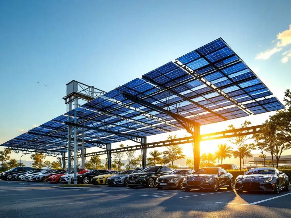 Luchtfoto van moderne zonnepanelen carport met luxe auto's geparkeerd onder stalen overkapping bij gouden uur