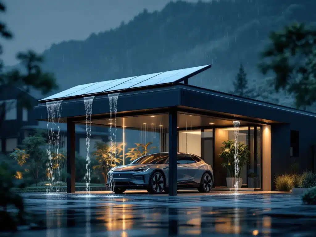 Moderne carport met zonnepanelen en regenwateropvang systeem beschermt elektrische auto in duurzame woonomgeving