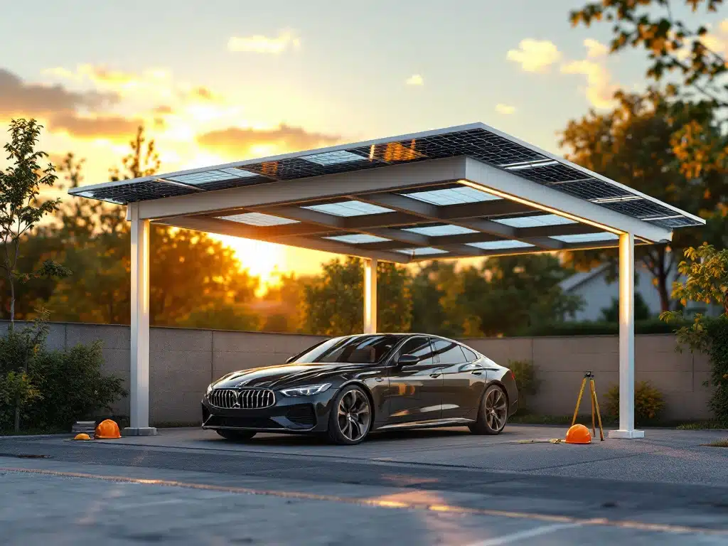 Moderne carport met zonnepanelen en stalen steunbalken beschermt auto, bouwveiligheidsuitrusting zichtbaar