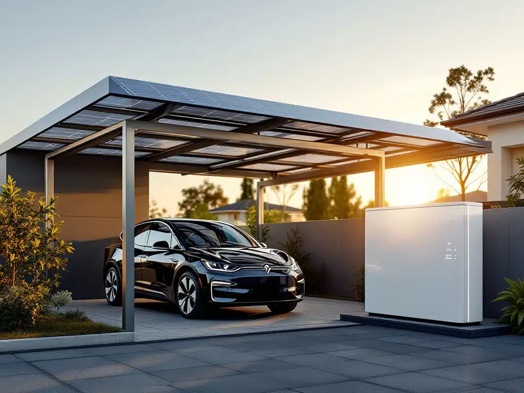 Zonnepanelen carport met elektrische auto en witte batterij-opslag bij modern huis tijdens gouden uur