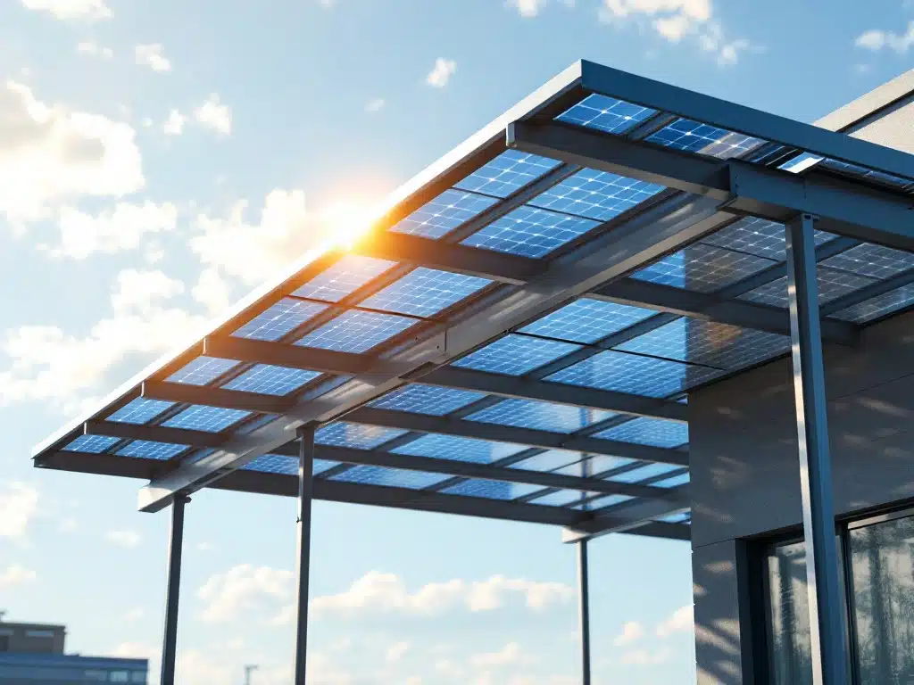 Bouwvakkers installeren zonnepanelen op moderne stalen carport-uitbreiding onder heldere hemel