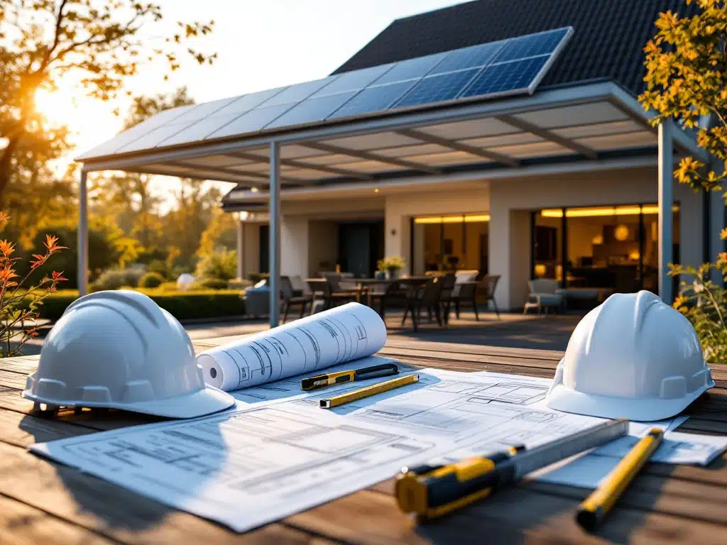 Moderne carport met zonnepanelen voor Nederlands huis, met vergunningen en bouwplannen op tafel
