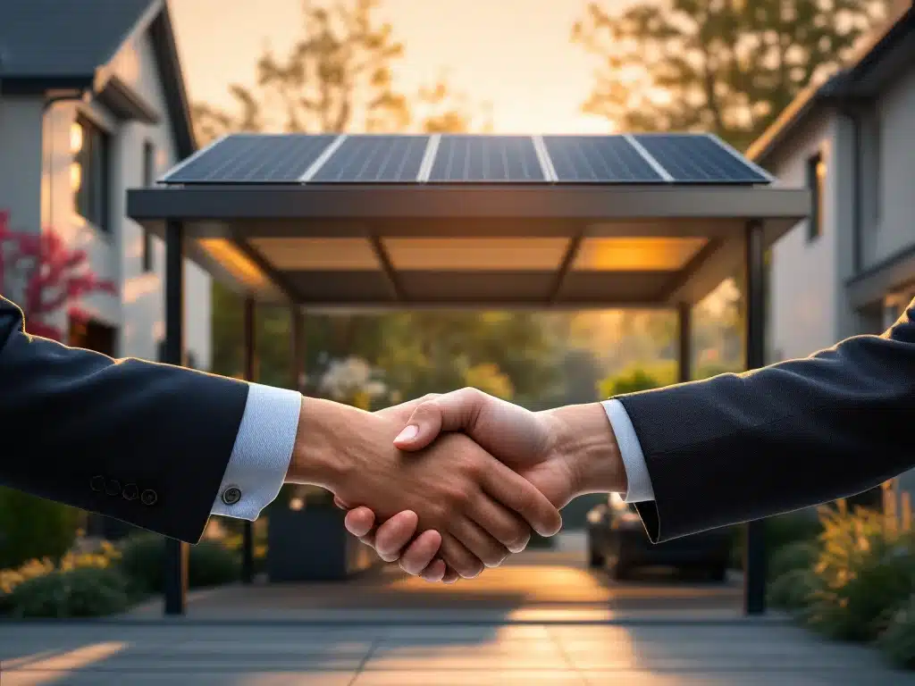 Moderne zonnepanelen carport tussen woningen met handdruk die huurovereenkomst symboliseert tijdens gouden uur