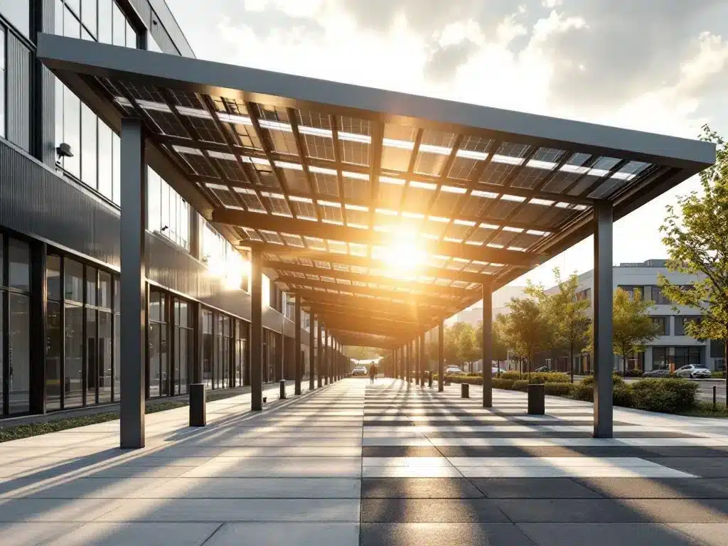 Moderne zonnepanelen carport met stalen frame en geometrische schaduwen, met Nederlandse belastingdocumenten op voorgrond