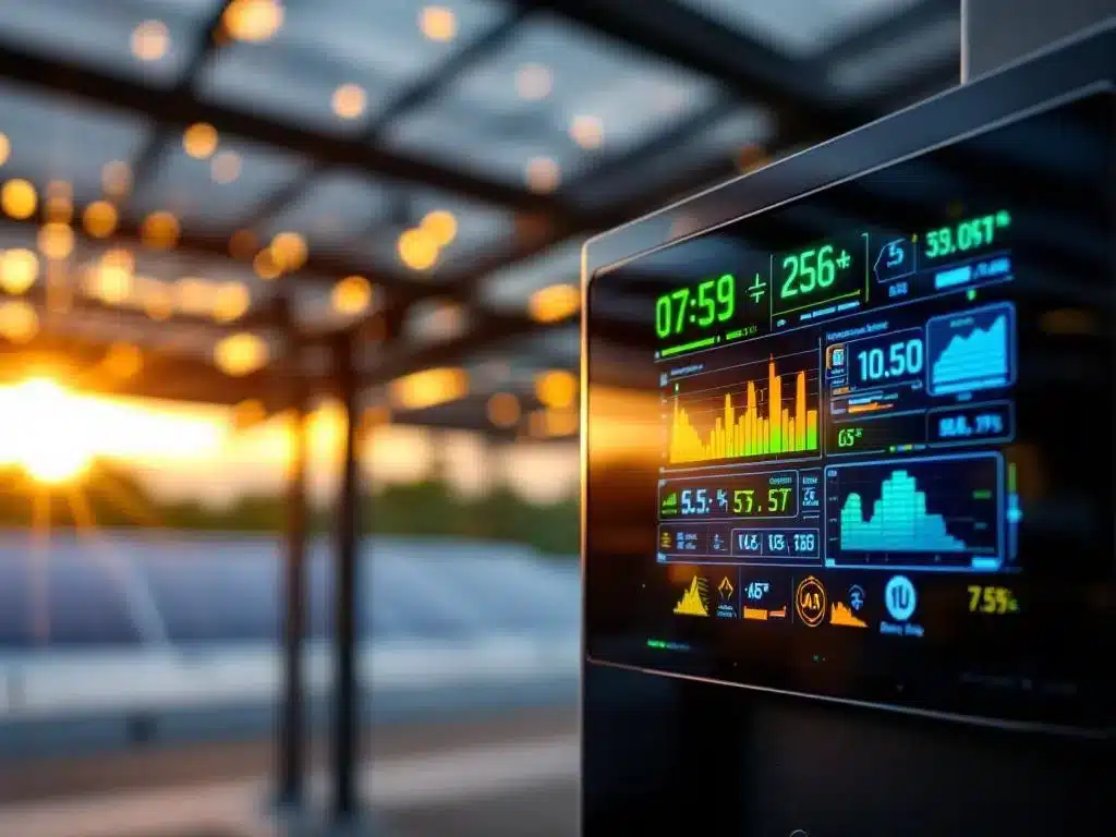 Digitaal prestatiemonitor van moderne zonnepanelen carport met LED-indicatoren en grafieken op zwart controlepaneel