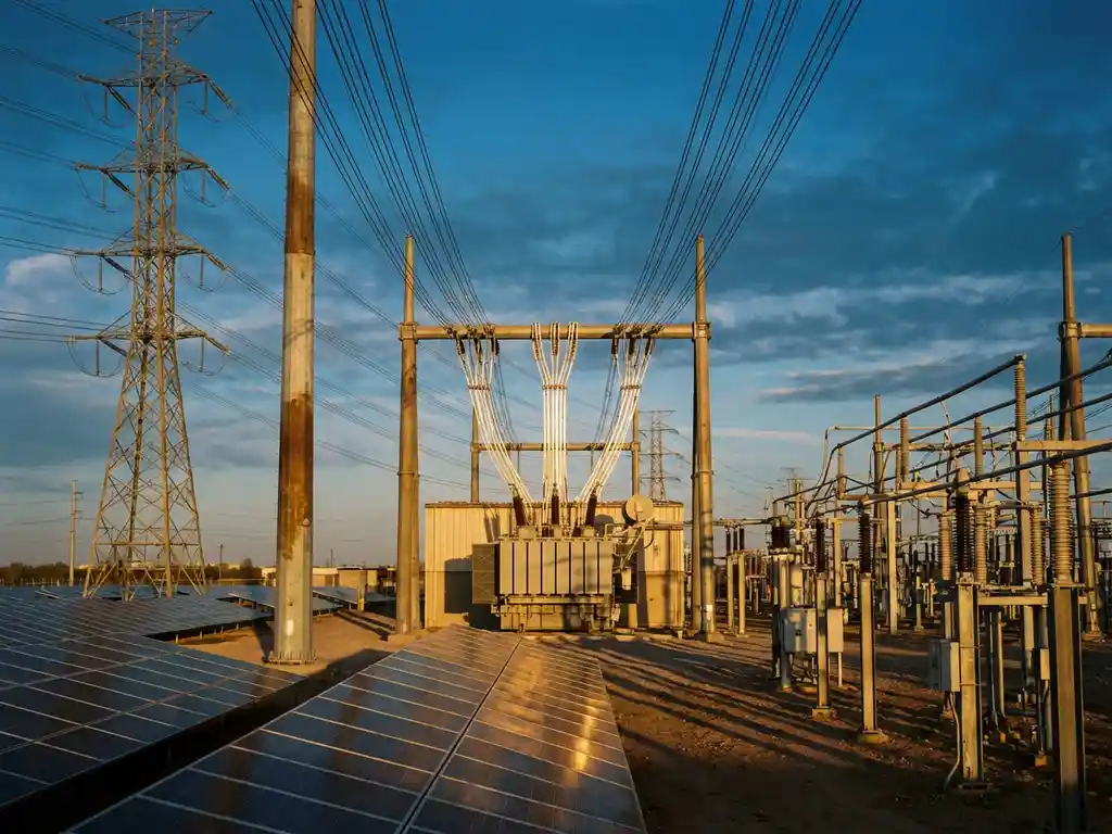 Elektrisch onderstation met hoge transmissielijnen en zonnepanelen tijdens gouden uur, dramatische convergentie van stroomkabels