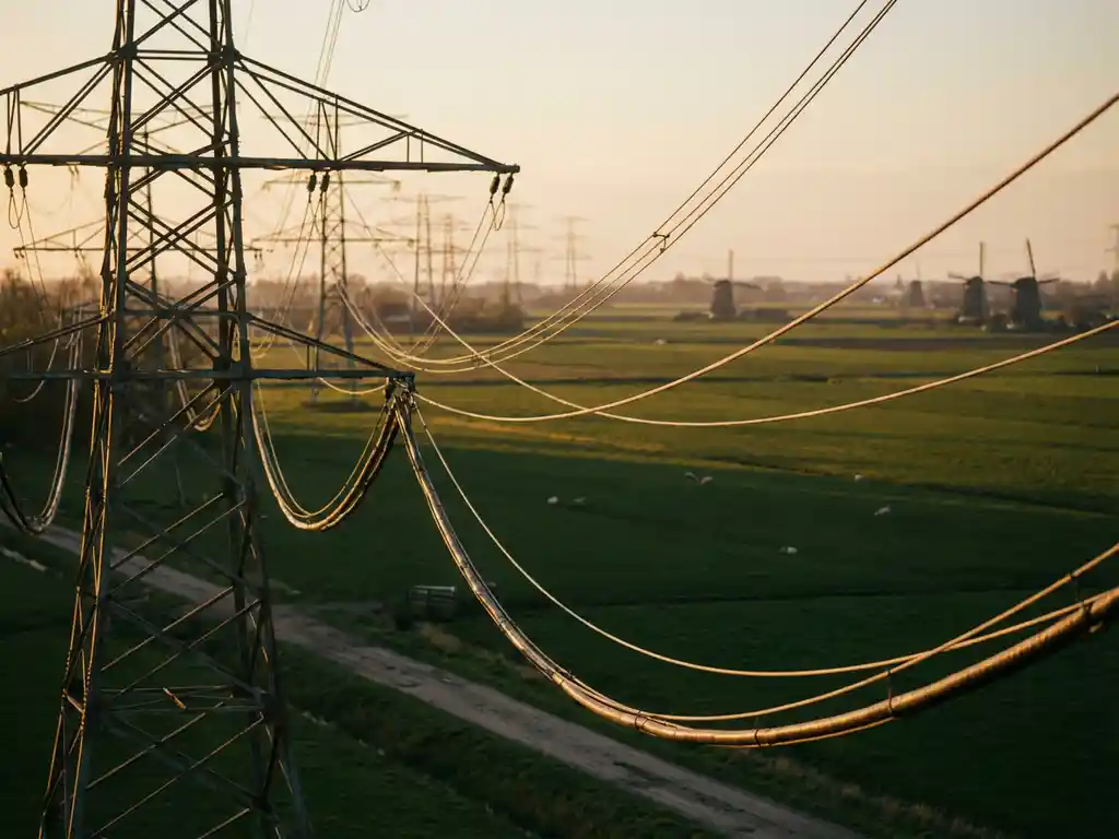 Elektriciteitsleidingen en hoogspanningsmasten in Nederlands polderlandschap met windmolens op de achtergrond