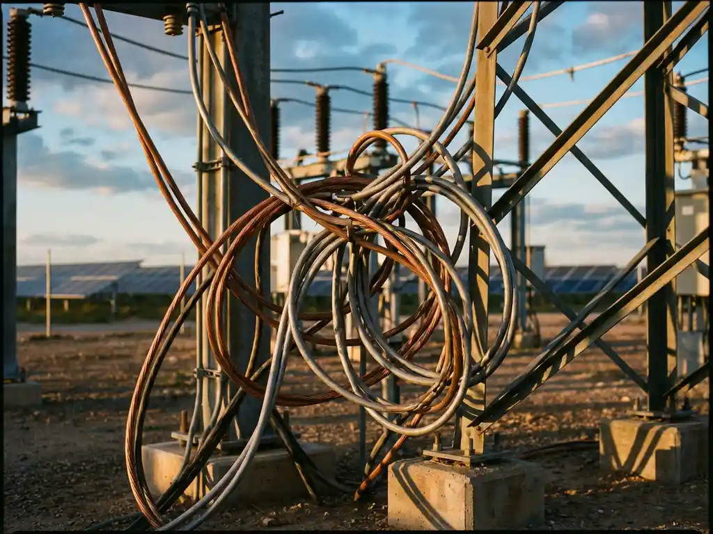 Verwarde massa van dikke elektrische kabels en stroomlijnen bij druk elektriciteitsstation met zonnepanelen op achtergrond