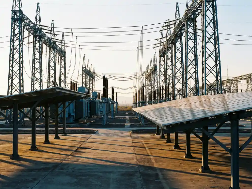 Elektrisch transformatorstation met hoogspanningskabels en zonnepanelen carports in warme middagzon