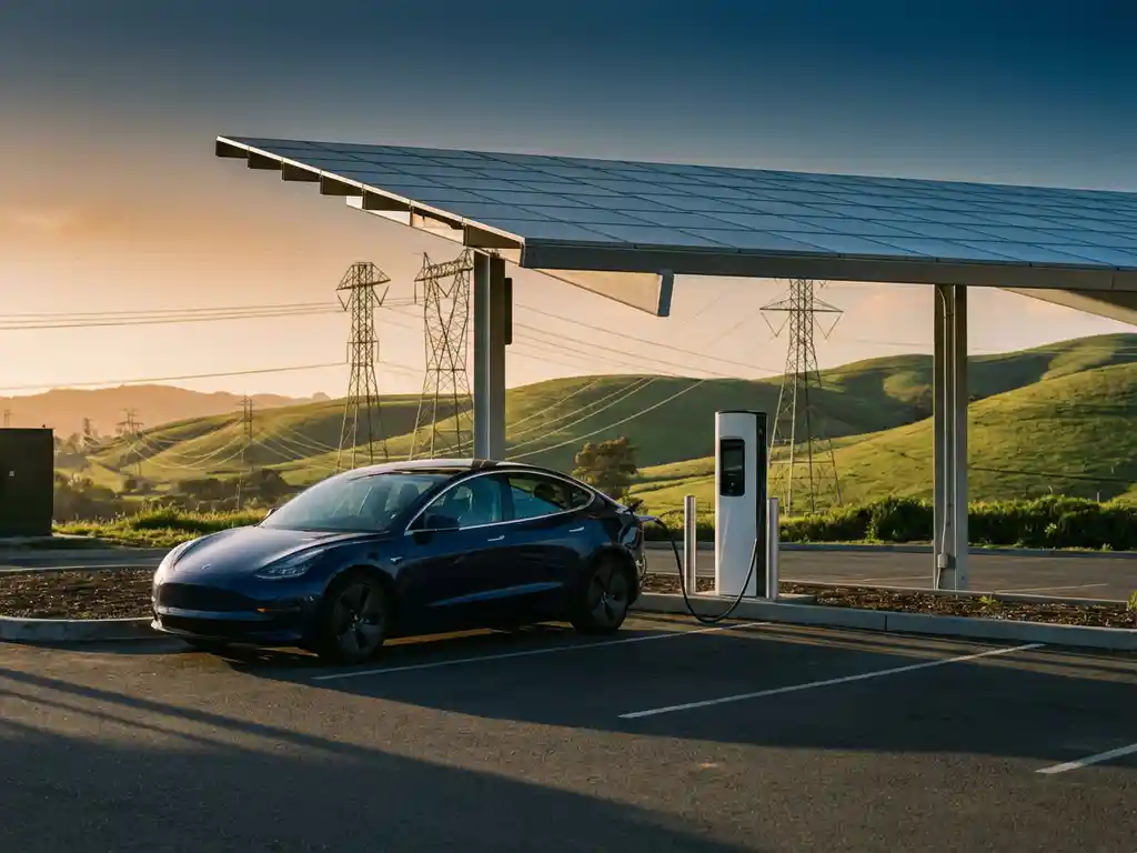 Elektrische auto laadt onder zonnepanelen carport met hoogspanningsmasten op groene heuvels op achtergrond