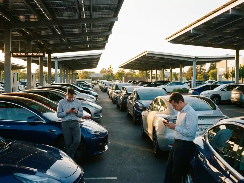 Drukke parkeerplaats met auto's in lange rijen wachtend bij oplaadstations onder zonnepanelen carports