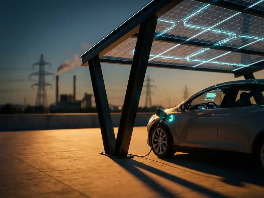Elektrische auto laadt op bij zonnepanelen carport tijdens gouden uur, batterij volledig opgeladen, warm zonlicht creëert schaduwen