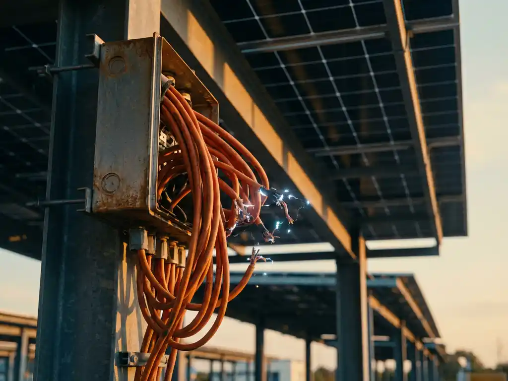 Oranje elektriciteitskabels onder spanning bij overbelaste aansluitkast onder zonnepanelen carport installatie