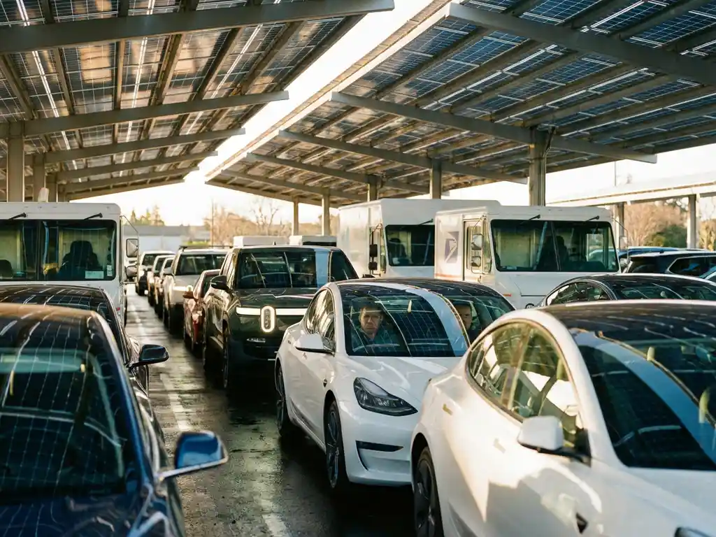 Verkeersopstopping met elektrische voertuigen en bestelwagens onder zonnepaneel-carports, ochtendlicht werpt geometrische schaduwen op het asfalt