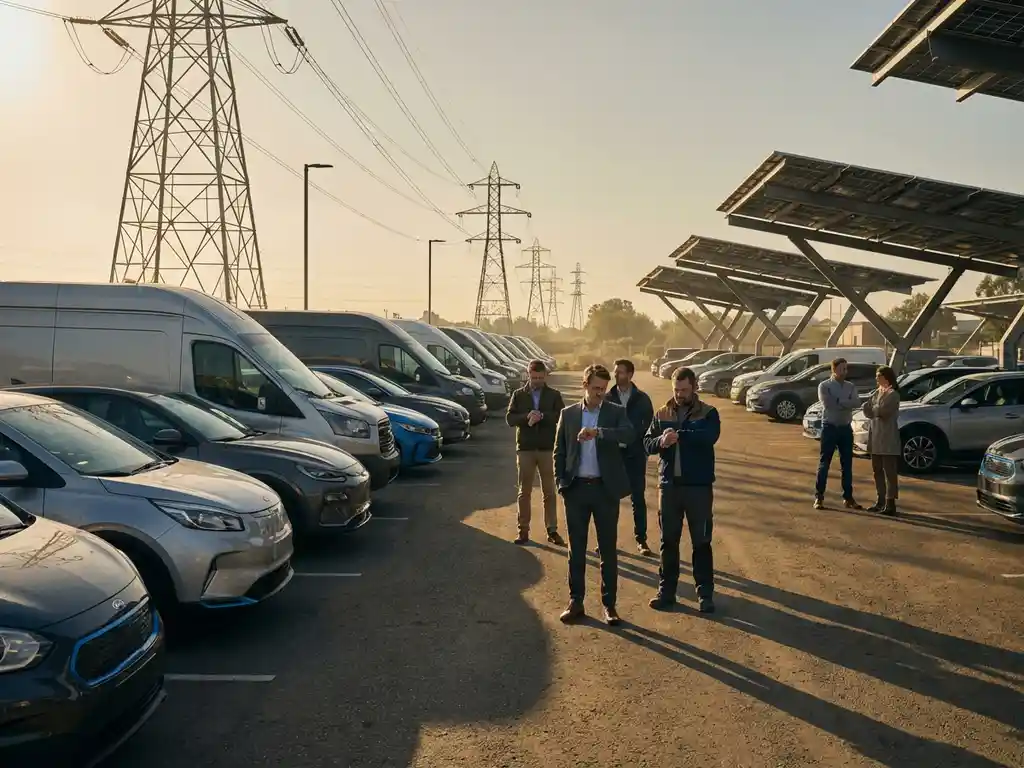 Lange rij elektrische voertuigen en bestelwagens wachtend bij laadstations onder hoogspanningsmasten, met zonnepanelen carports op de achtergrond