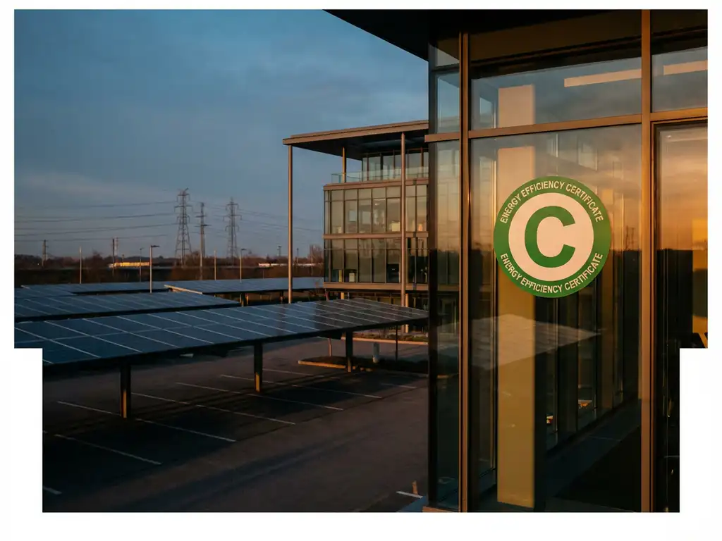 Modern kantoorgebouw met groene energielabel C-certificaat op glazen gevel, zonnepanelen carport en elektriciteitsmasten op achtergrond