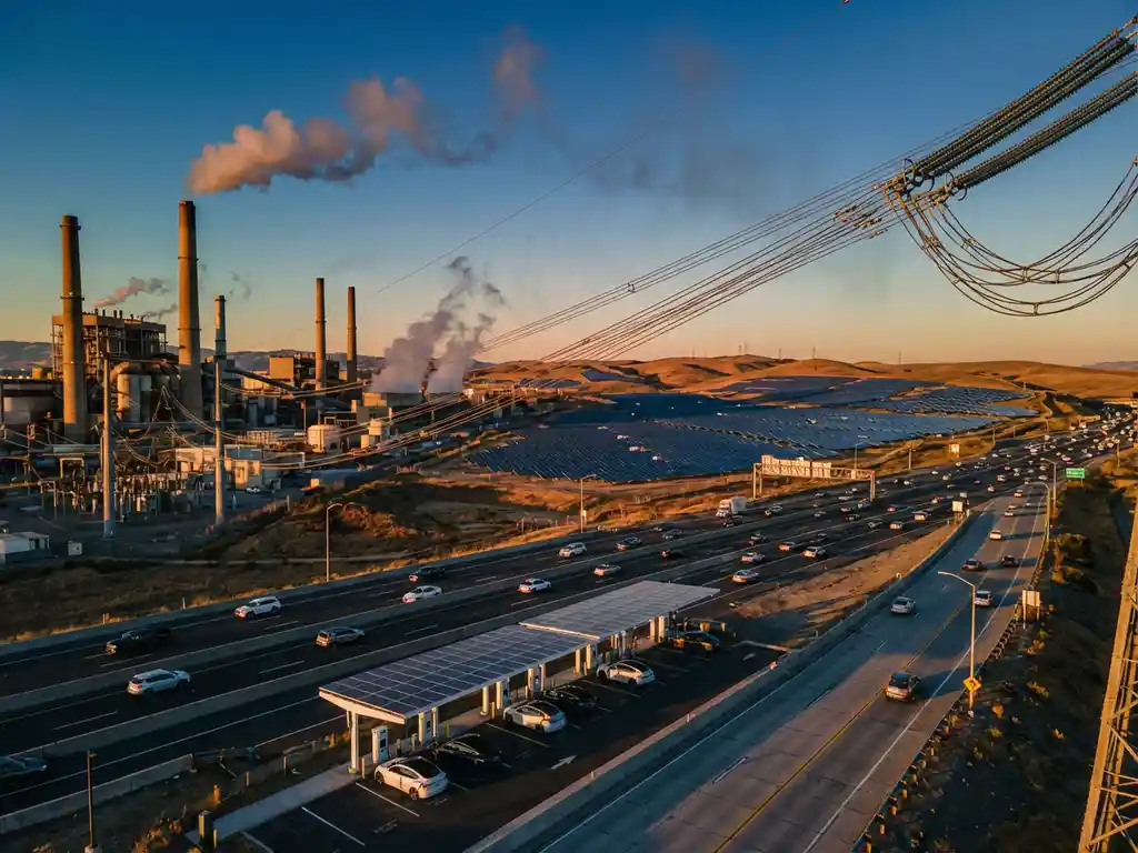 Industrieel complex met snelweg, elektrische laadstations, zonnepanelen en fabrieken verbonden door overbelaste elektriciteitskabels tijdens gouden uur
