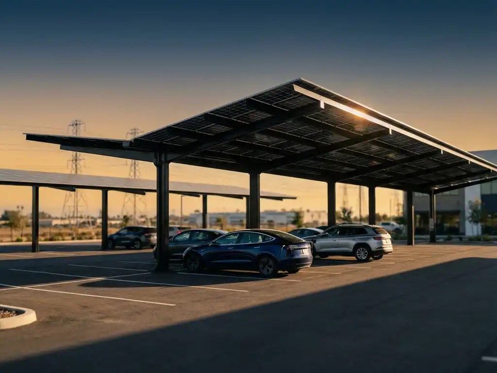 Moderne zonne-carport met zwarte panelen beschermt elektrische auto's op bedrijfsparkeerplaats tijdens gouden uurtje