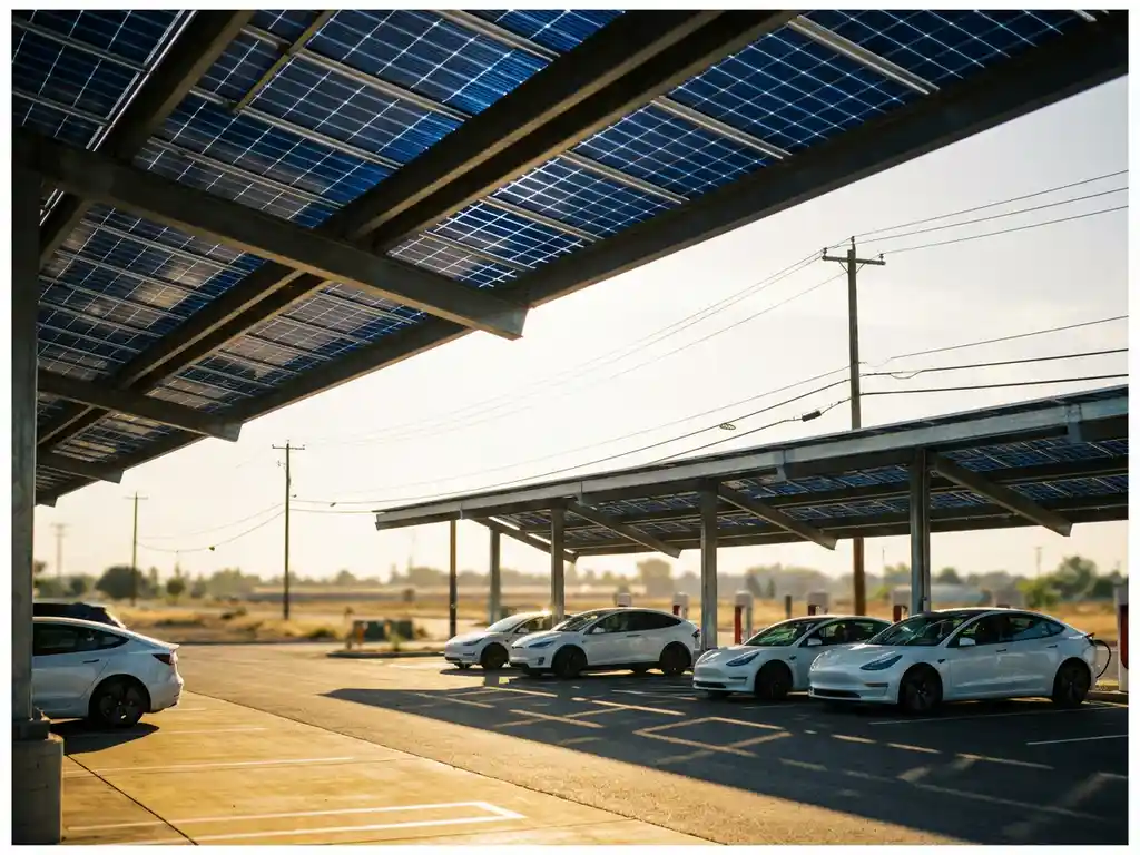 Moderne zonnepanelen carport met elektrische auto's eronder geparkeerd, geometrische schaduwen op asfalt