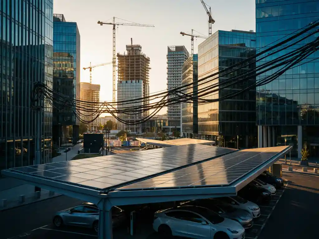 Moderne kantoorwijk met zonnepanelen carport op voorgrond, stilstaande bouwkranen en half voltooide gebouwen tijdens gouden uur