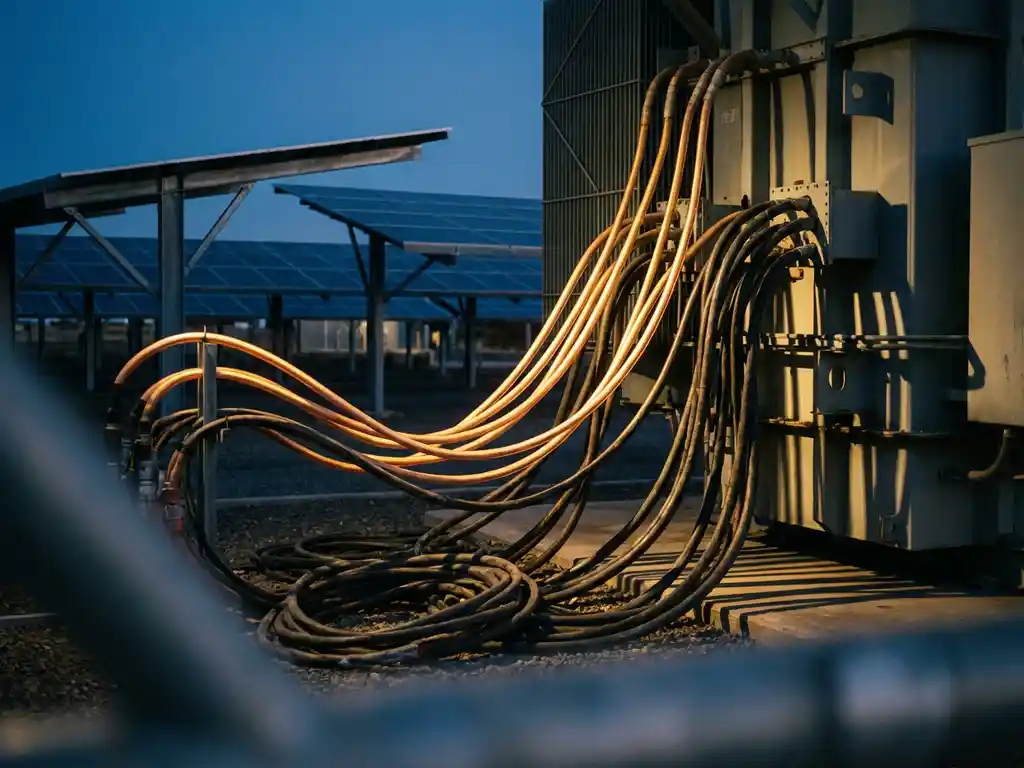 Elektrische transformatorstation met gloeiende en donkere kabels bij zonnepaneelcarports in dramatisch licht