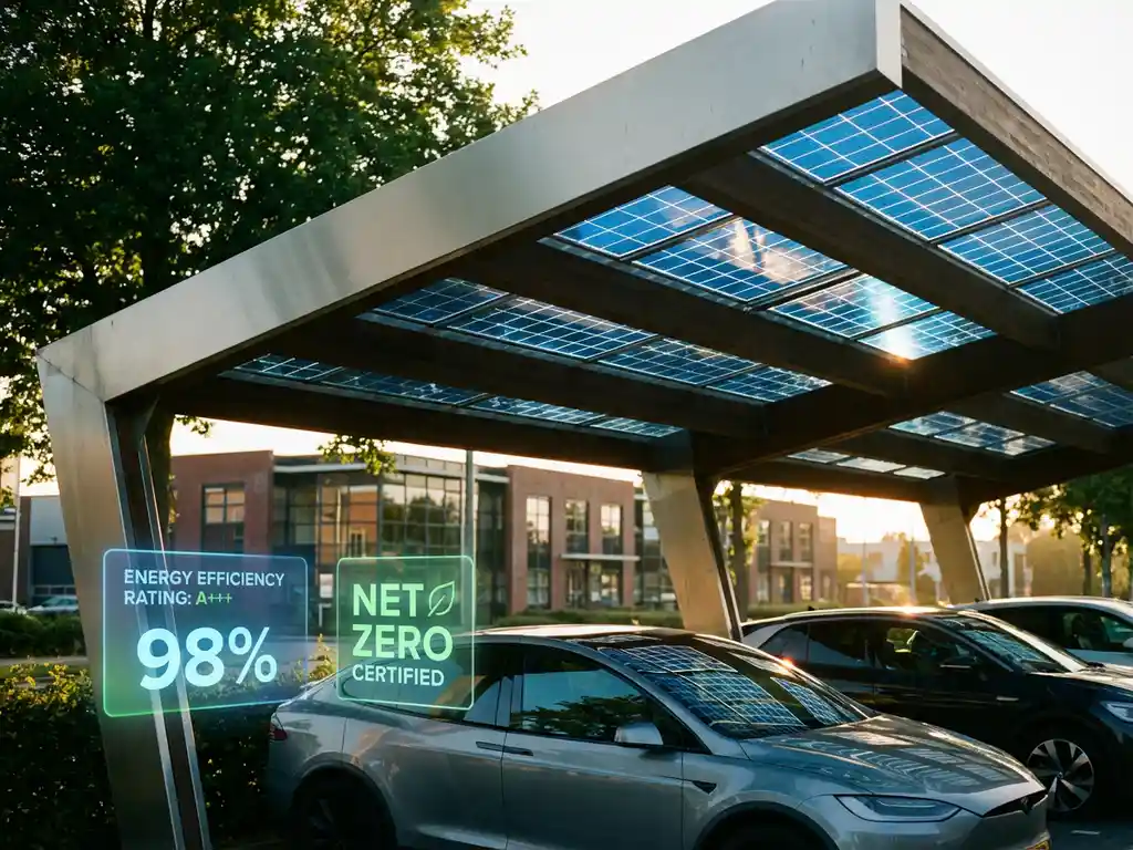 Moderne zonnepanelen carport met elektrische auto's eronder, energielabels op voorgrond, Nederlandse bedrijfsgebouw op achtergrond