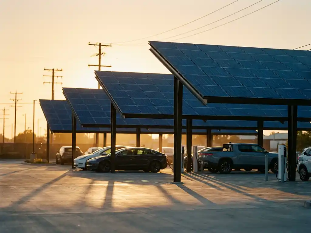 Zonnepanelen carport met elektrische voertuigen aan oplaadstations, gouden middaglicht creëert geometrische schaduwen