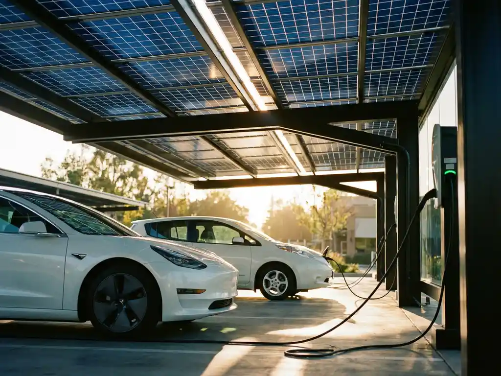 Moderne zonnepanelen carport met elektrische auto's eronder, dramatische schaduwen en gouden zonlicht door panelen