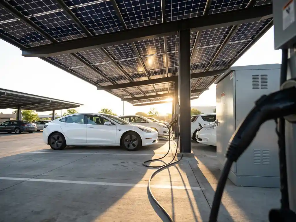 Moderne zonne-carport met donkerblauwe panelen boven opladen elektrische auto's, geometrische schaduwen op beton