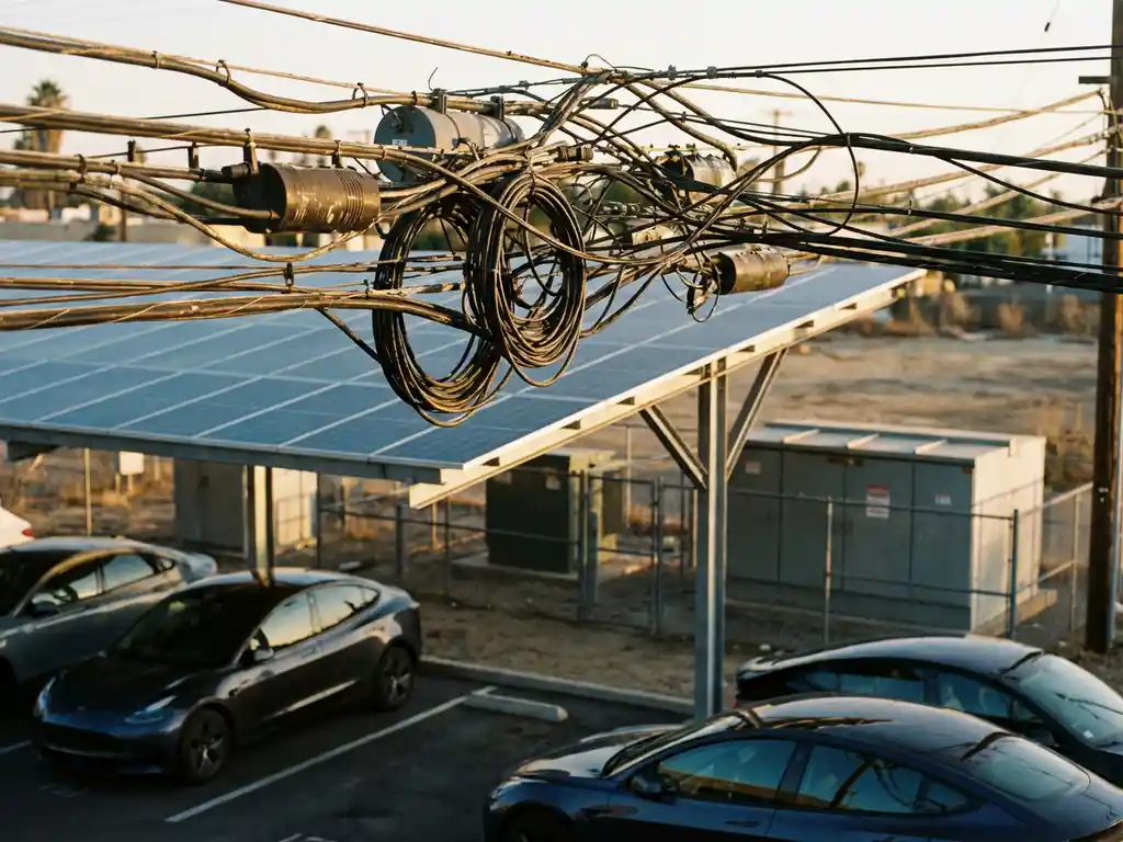 Dichte bundel elektriciteitskabels boven moderne zonnepanelen carport met geparkeerde auto's in warm middaglicht