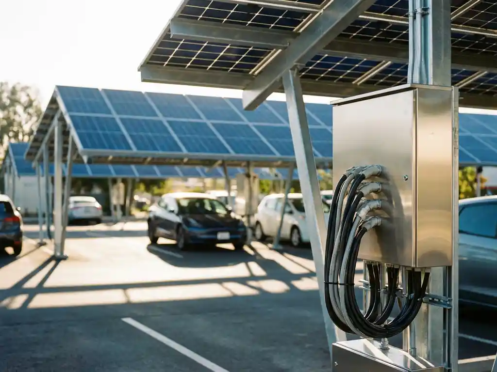 Zonnepanelen carport met elektrische voertuigen geparkeerd eronder, moderne elektrische distributiekast en kabels zichtbaar