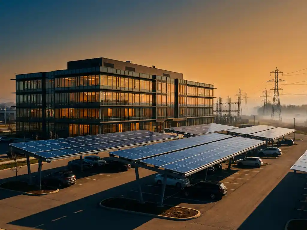 Moderne kantoorgebouw met zonnepanelen carports op voorgrond, elektriciteitsleidingen in mistige achtergrond tijdens gouden uur