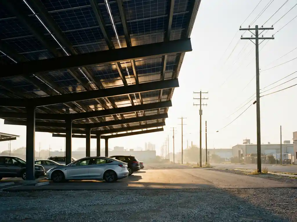 Zonnepanelen carport beschermt geparkeerde auto's onder blauwe fotovoltaïsche panelen met traditionele elektriciteitslijnen op achtergrond