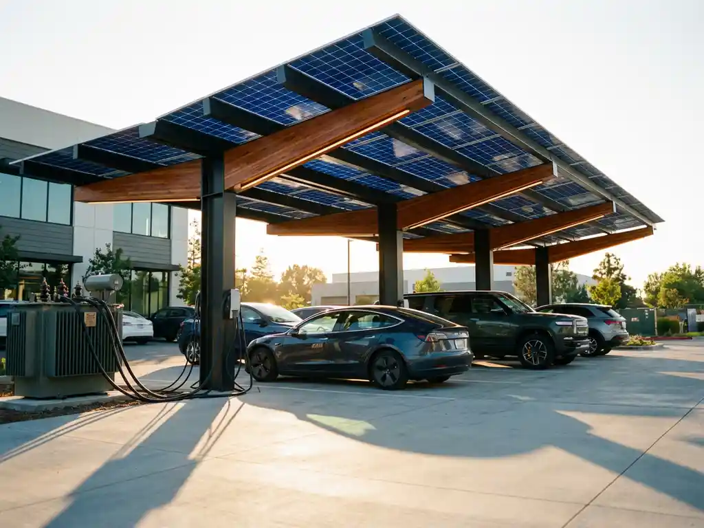 Moderne zonnepanelen carport beschermt geparkeerde auto's terwijl elektriciteit wordt opgewekt in zakelijke parkeergarage
