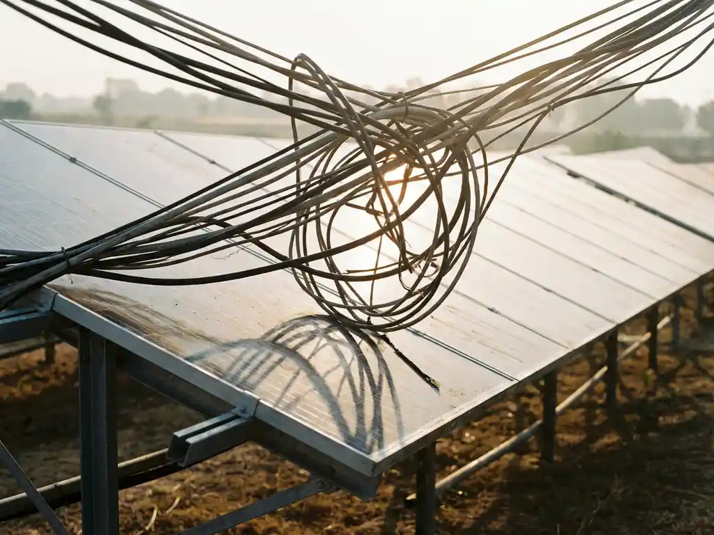Verwarde elektriciteitskabels boven moderne zonnepanelen met dramatische schaduwen in gouden ochtendlicht