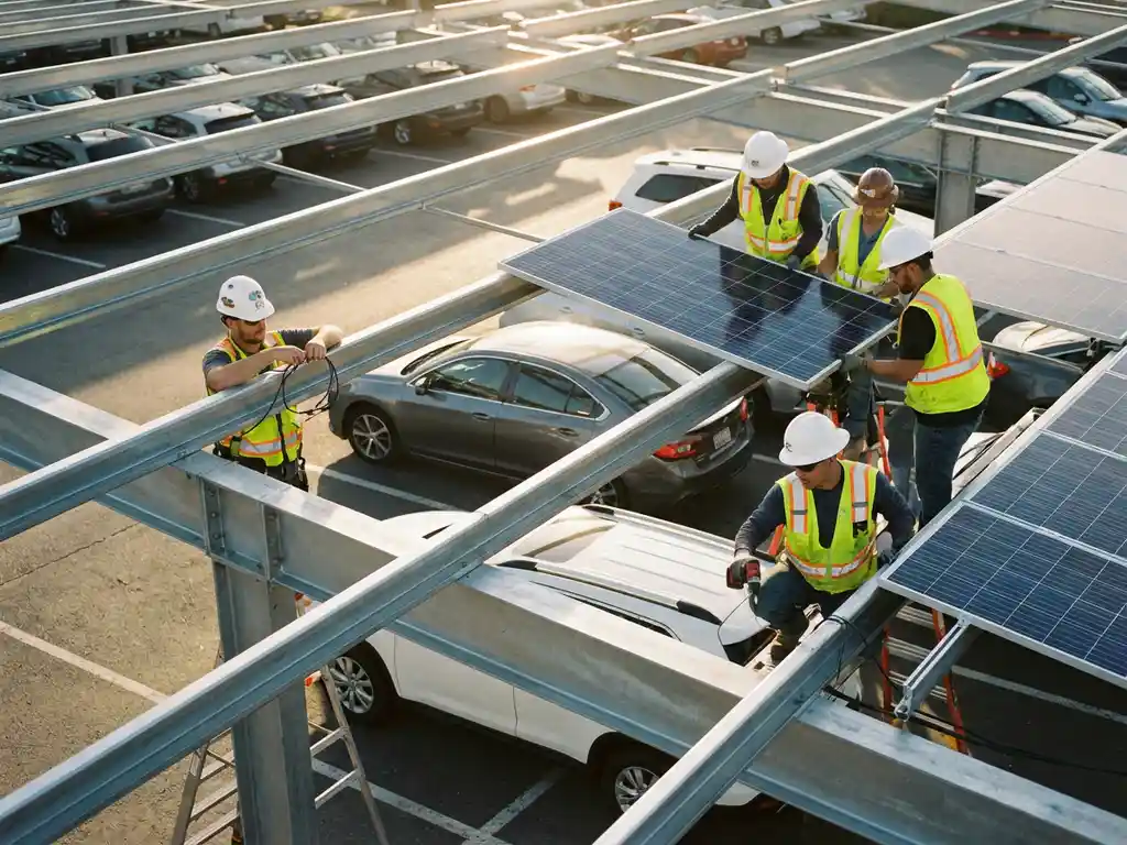 Technici installeren blauwe zonnepanelen op stalen carport boven geparkeerde auto's in commerciële parkeergarage