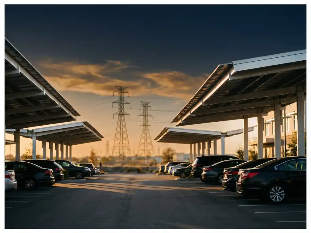 Moderne bedrijfsparkeerplaats met zonnepaneel overkappingen die geometrische schaduwen werpen, elektriciteitspylonen op de achtergrond