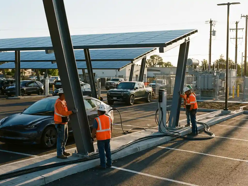 Moderne parkeerplaats met zonnepaneel overkappingen in aanbouw, bouwvakkers installeren staalconstructie terwijl elektrische auto's opladen