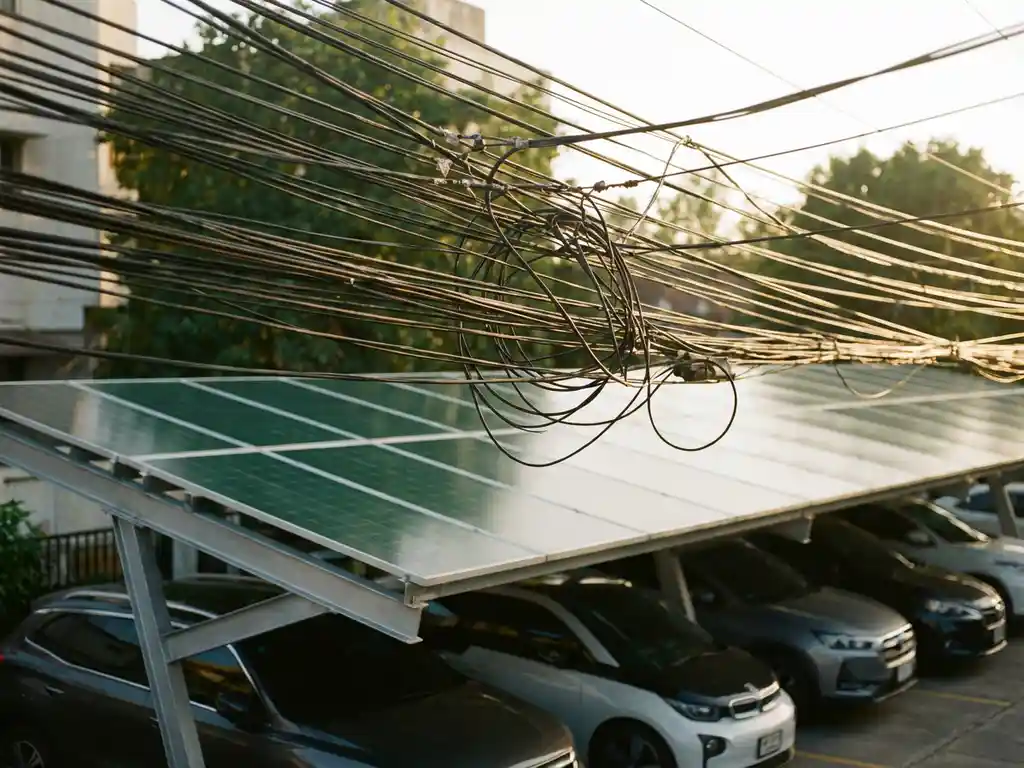 Verwarde zwarte elektriciteitskabels boven zonnepanelen carport met geparkeerde auto's, gouden avondlicht