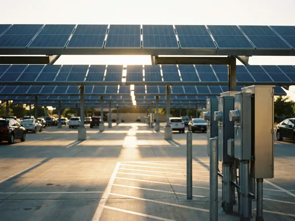 Zonnepanelen werpen geometrische schaduwen op parkeerterrein met elektriciteitsmeter op voorgrond in gouden zonlicht