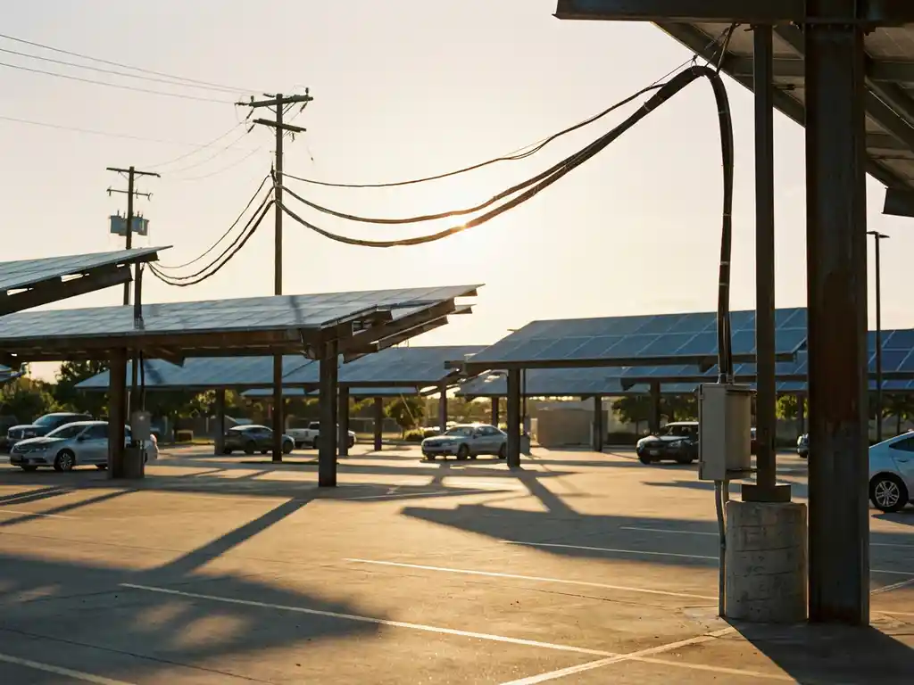 Moderne bedrijfsparkeerplaats met zonnepaneel-carports en gespannen elektriciteitskabels in warm middaglicht
