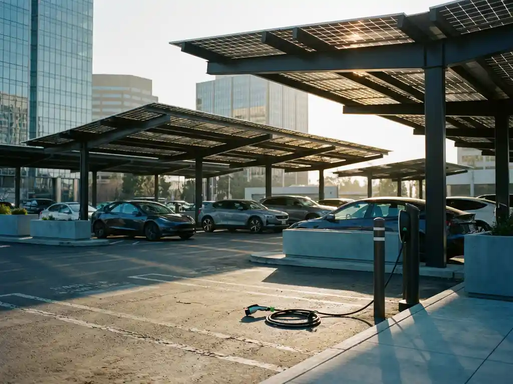 Moderne parkeerplaats met zonnepaneel overkappingen, elektrische auto's aan laadstations, losse laadkabel op asfalt