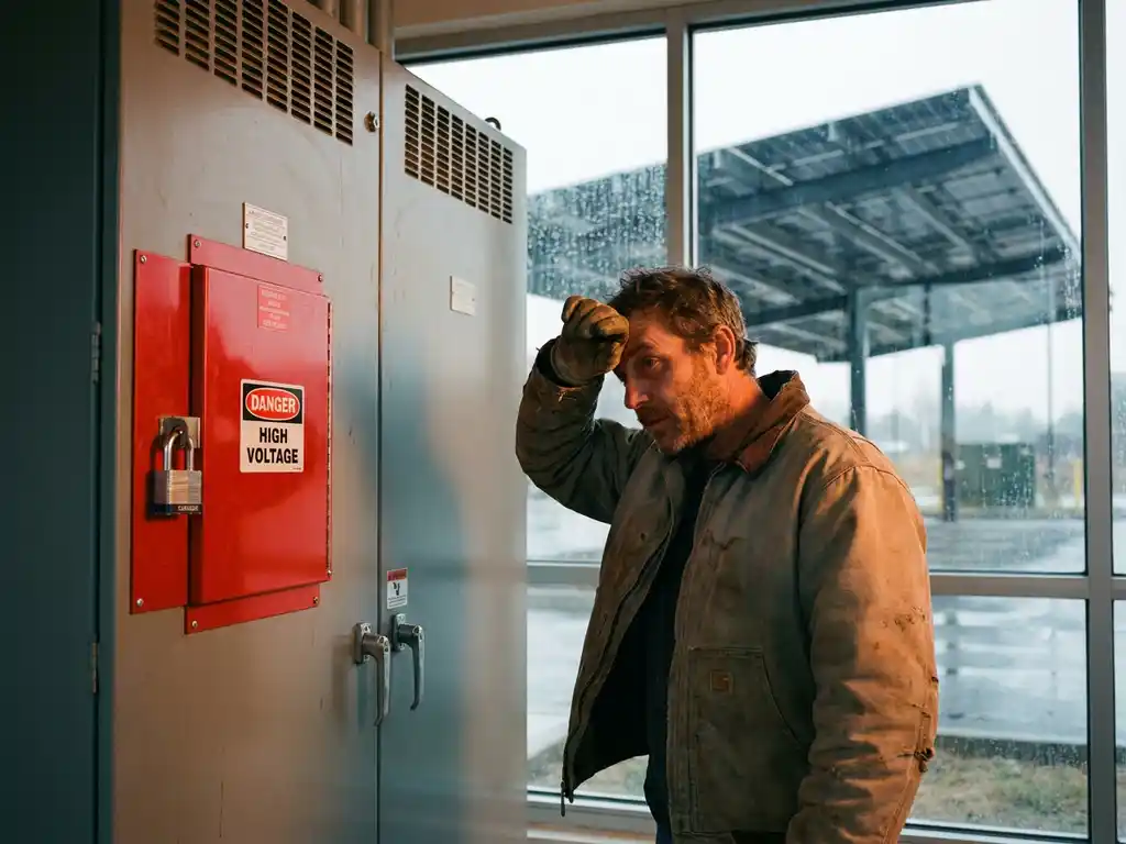 Gefrustreerde elektrotechnicus naast een industriële stroomverdeelkast met rood waarschuwingspaneel, zonnecarporten zichtbaar op achtergrond.