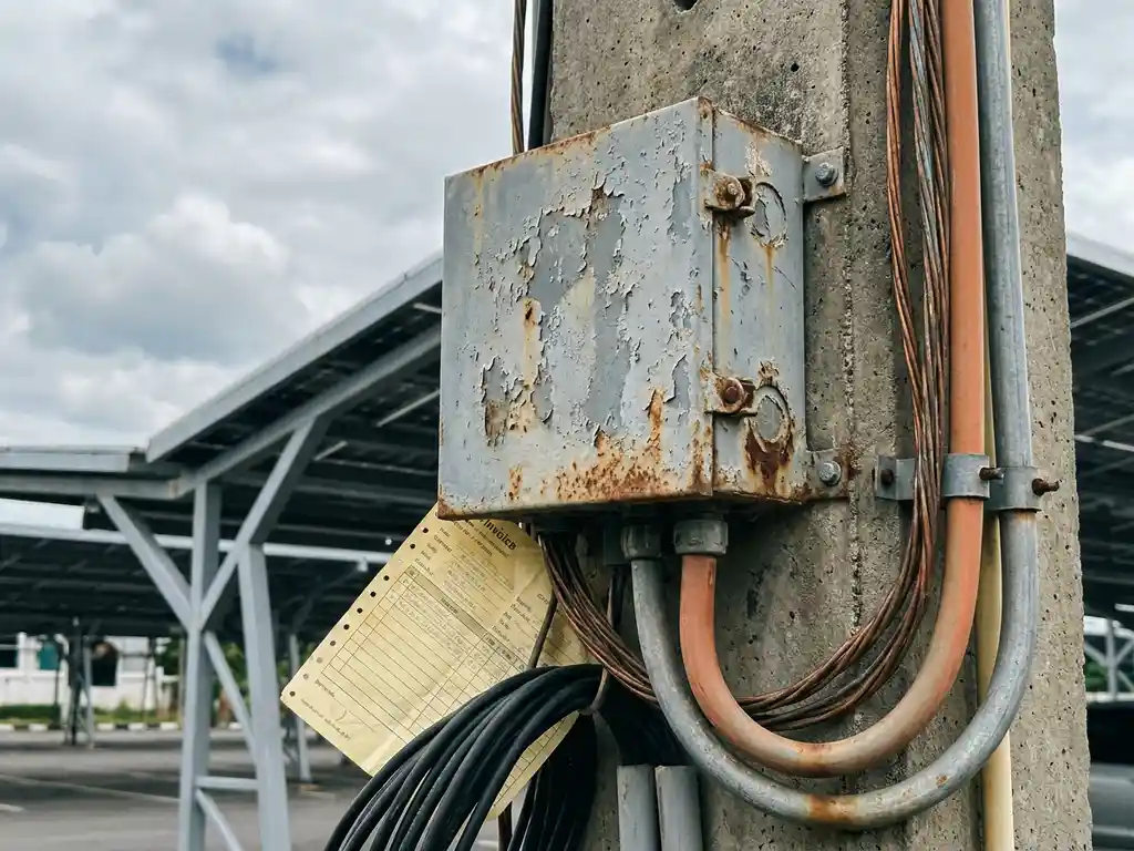Verweerde elektrische aansluitkast op betonnen nutspaal met koperen bedrading, industriële leidingen en zonnepaneeloverkapping op achtergrond.