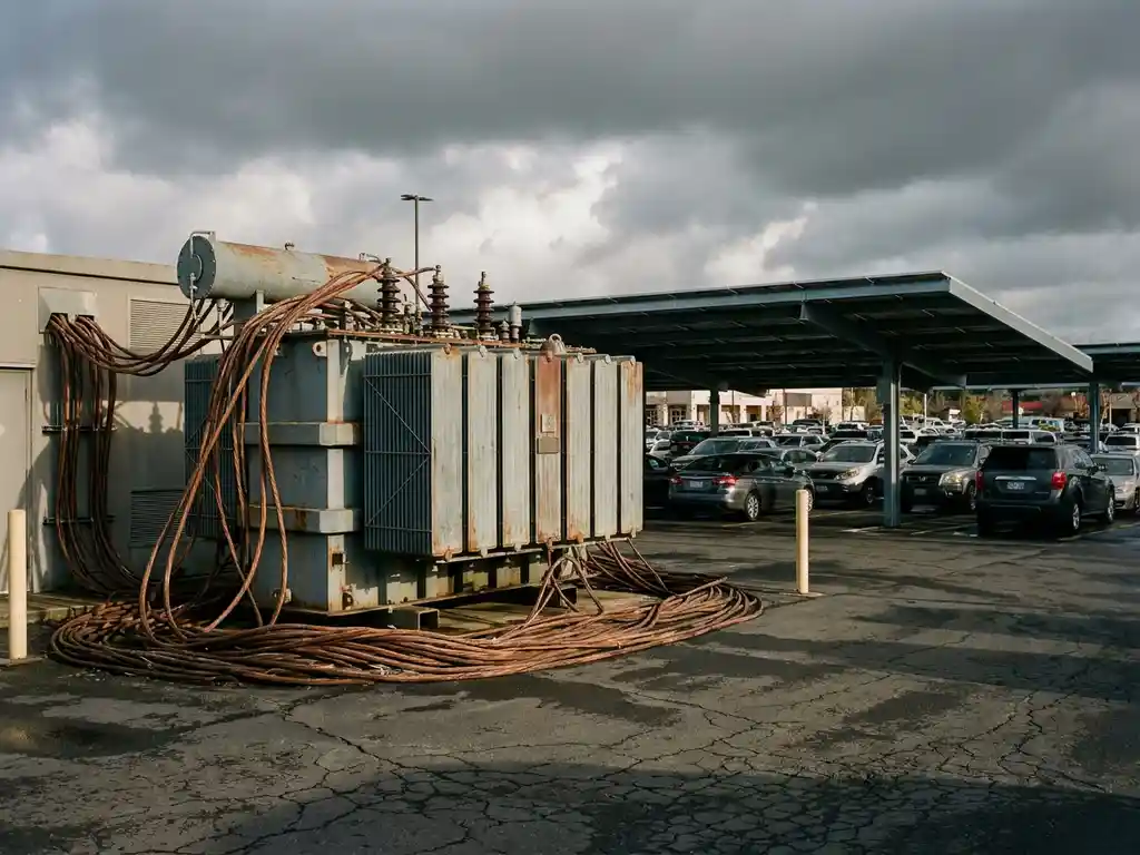 Industriële elektrische transformator met dikke koperen kabels op een commercieel parkeerterrein, zonneoverkapping zichtbaar op de achtergrond.