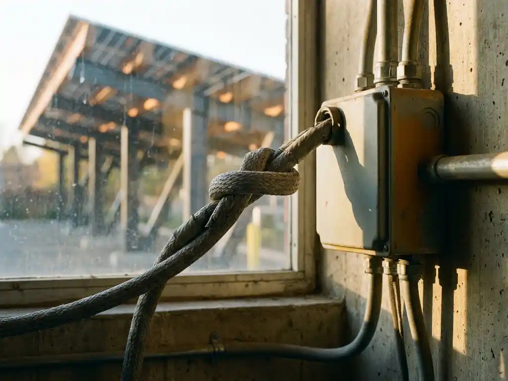 Gespannen industriële stroomkabel met knoop bij een elektrische aansluitkast op betonnen muur, zonnecarporten zichtbaar op achtergrond.