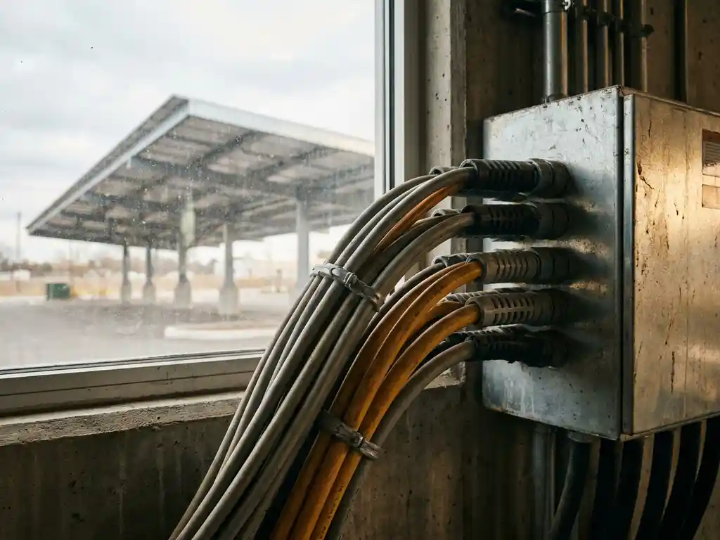 Dikke bundel industriële stroomkabels aangesloten op een moderne elektrische aansluitkast, met een zonnepaneel carport zichtbaar op de achtergrond.