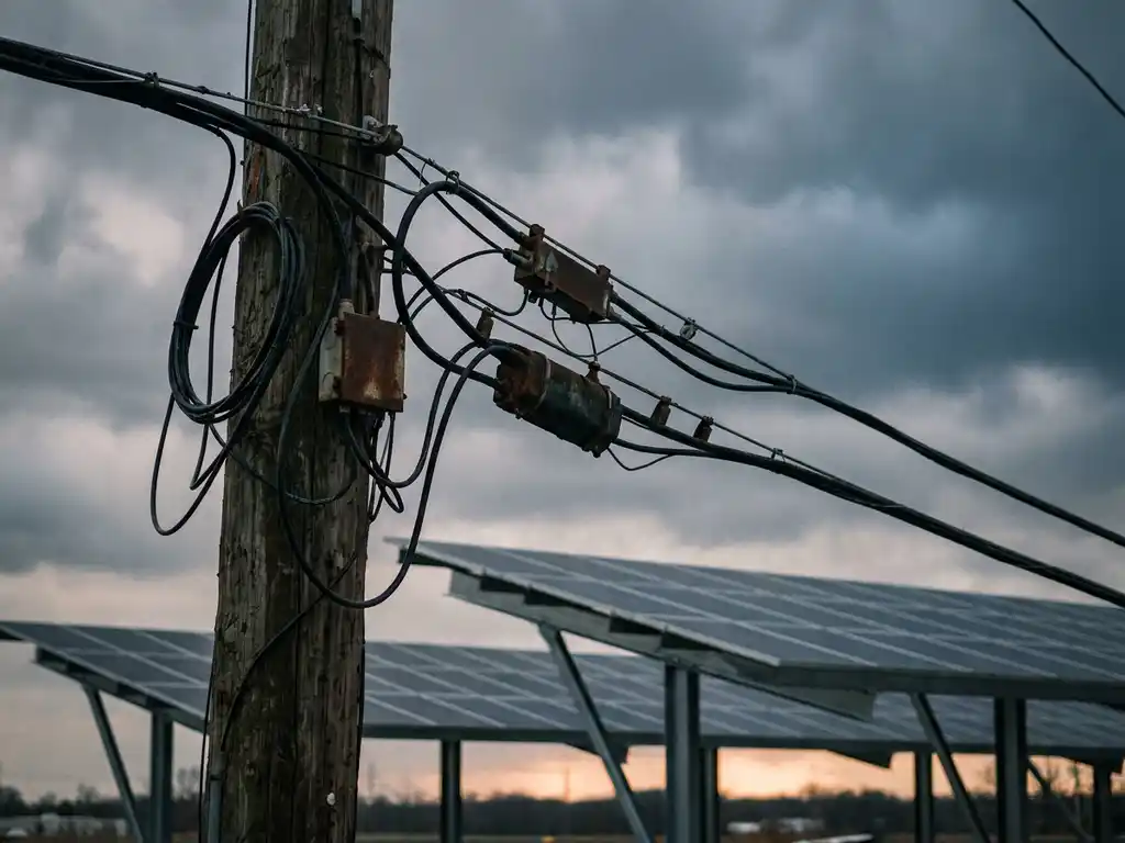 Overbelaste elektrische kabels op verweerde nutsmast met bewolkte lucht en zonnecarporten op de achtergrond.